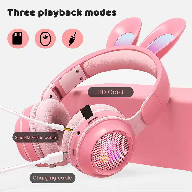Cute Rabbit Wireless Headphones with RGB LED for Kids